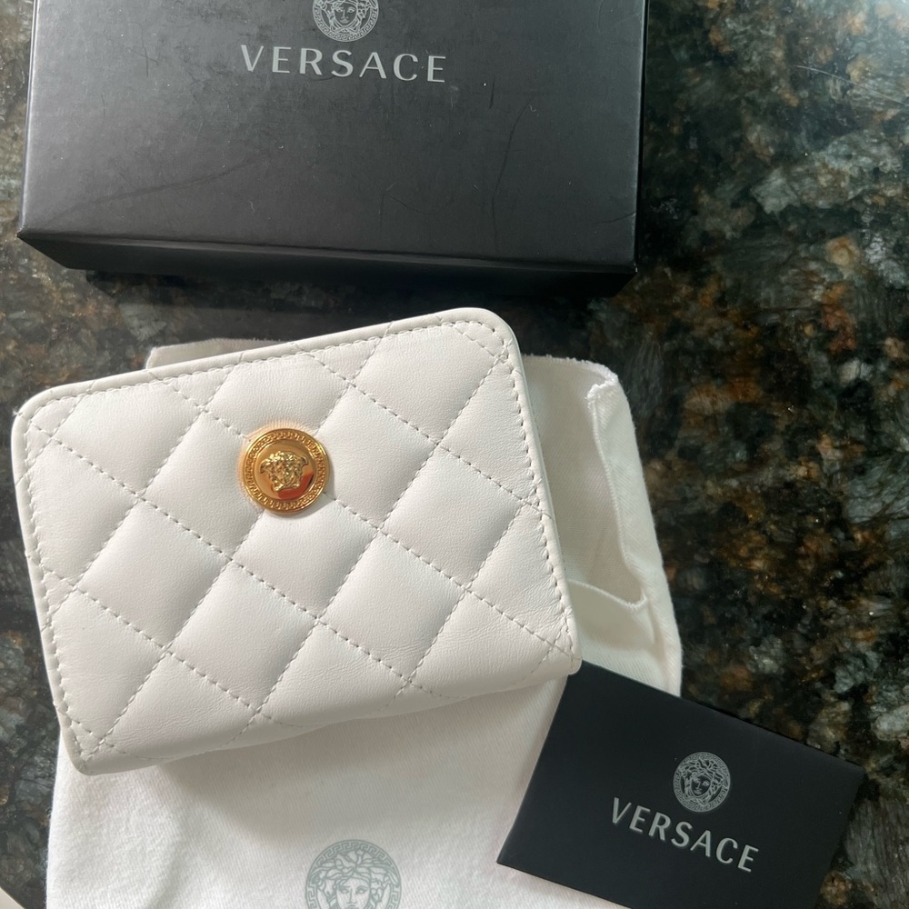 Versace White Leather Card Holder with Gold Accent
